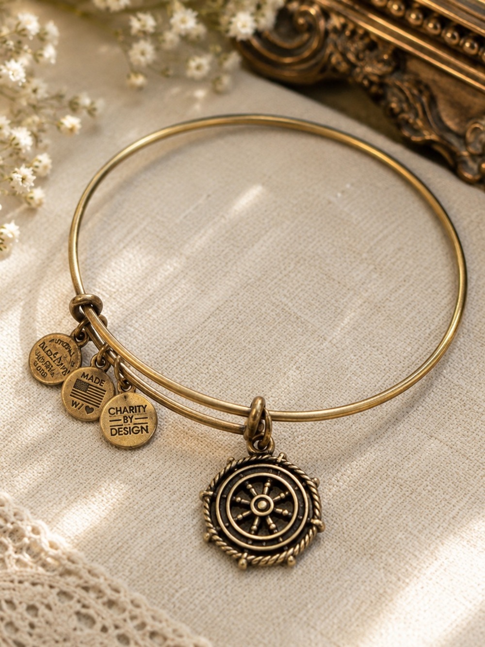 Alex and Ani Nautical Wheel Bracelet Gold Tone Charm Bangle Coastal Jewelry